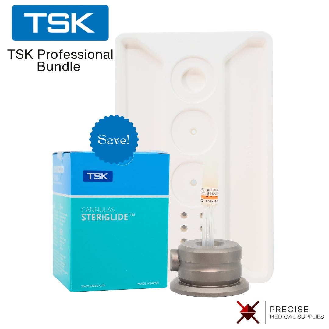 TSK Professional Bundle - 1 Box of Steriglide Cannulas, 1 Needle Holder and 1 Treatment Tray