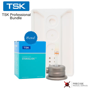 TSK Professional Bundle - 1 box of steriglide cannulas, 1 needle holder and 1 treatment tray