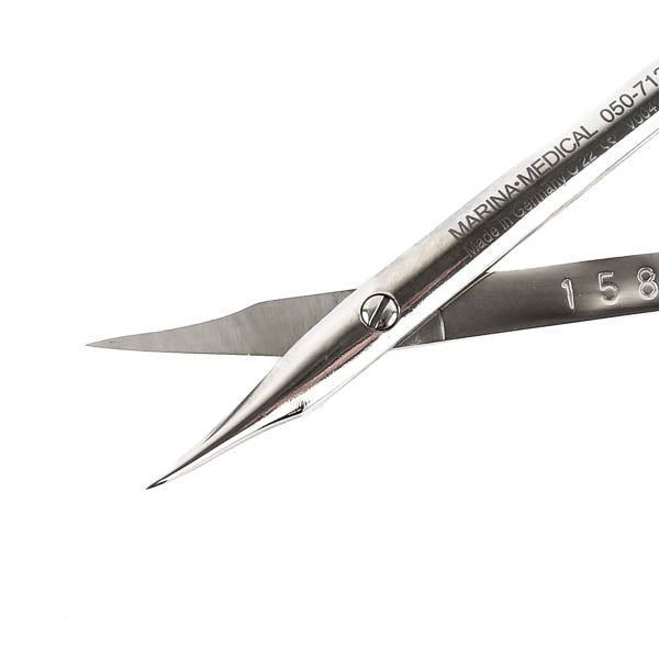 The Robotti-Stevens Scissors by Marina Medical are a Rhinoplasty Instrument, 11cm, Curved with a Delicate, Ribbon Handle | Precise Medical