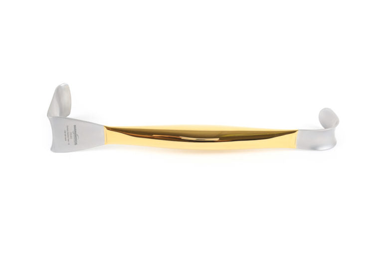 The Double Ended Breast Retractor by Marina Medical is used for Breast Augmentation Surgery and has a small blade of 22mm x 54mm and a large blade of 37mm x 70mm | Precise Medical Supplies
