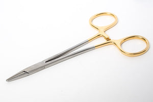 Halsey Needle Holder by Marina Medical is 13cm long and serrated for suture 4/0 and 6/0. German tungsten carbide inserts precisely and securely grip the needle. Now available for purchase at Precise Medical