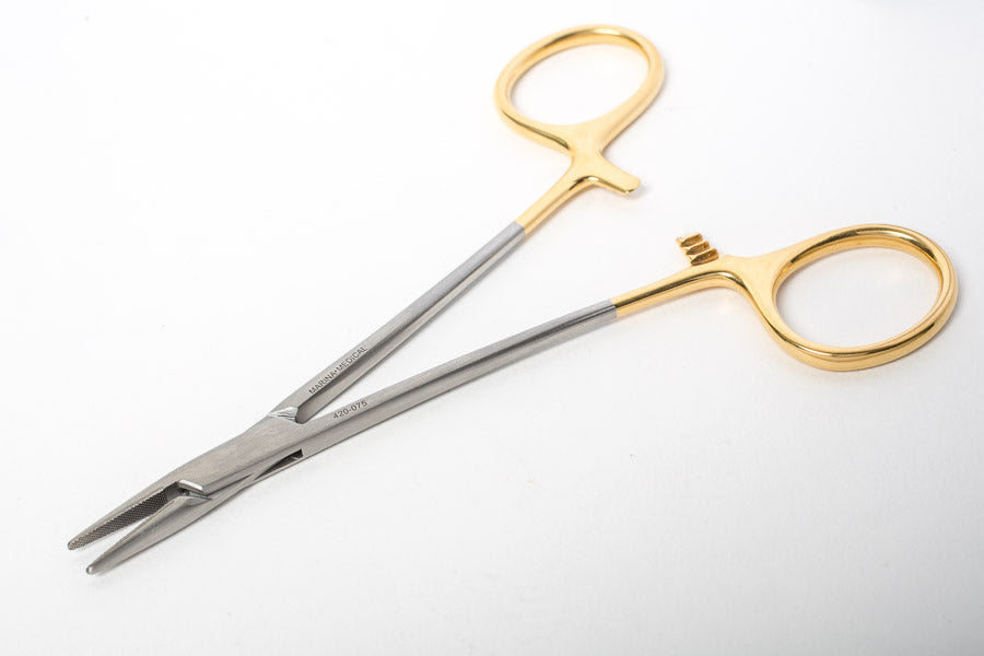 Halsey Needle Holder by Marina Medical is 13cm long and serrated for suture 4/0 and 6/0. German tungsten carbide inserts precisely and securely grip the needle. Now available for purchase at Precise Medical