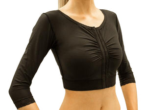 An essential garment for post liposuction for the back and general upper torso. The Bolero with sleeves to below the elbow has three rows of Hook & Eye fastenings at the front for perfect firm fit. Available in black | Precise Medical